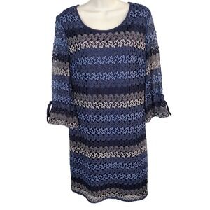 Madison Leigh Blue Crochet Lace Shift Dress 3/4 Tie Sleeve Size 10 boho homespun